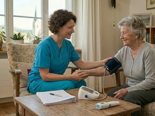 Pflegefachfrau misst bei einer Seniorin zu Hause den Blutdruck