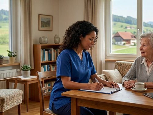 Pflegerin führt ein Erstgespräch und Beratung mit einer älteren Frau bei ihr zu Hause