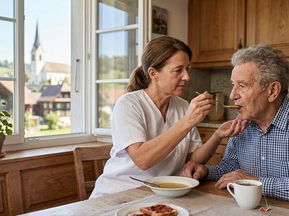 Pflegerin reicht einem älteren Mann am Küchentisch einen Löffel Suppe